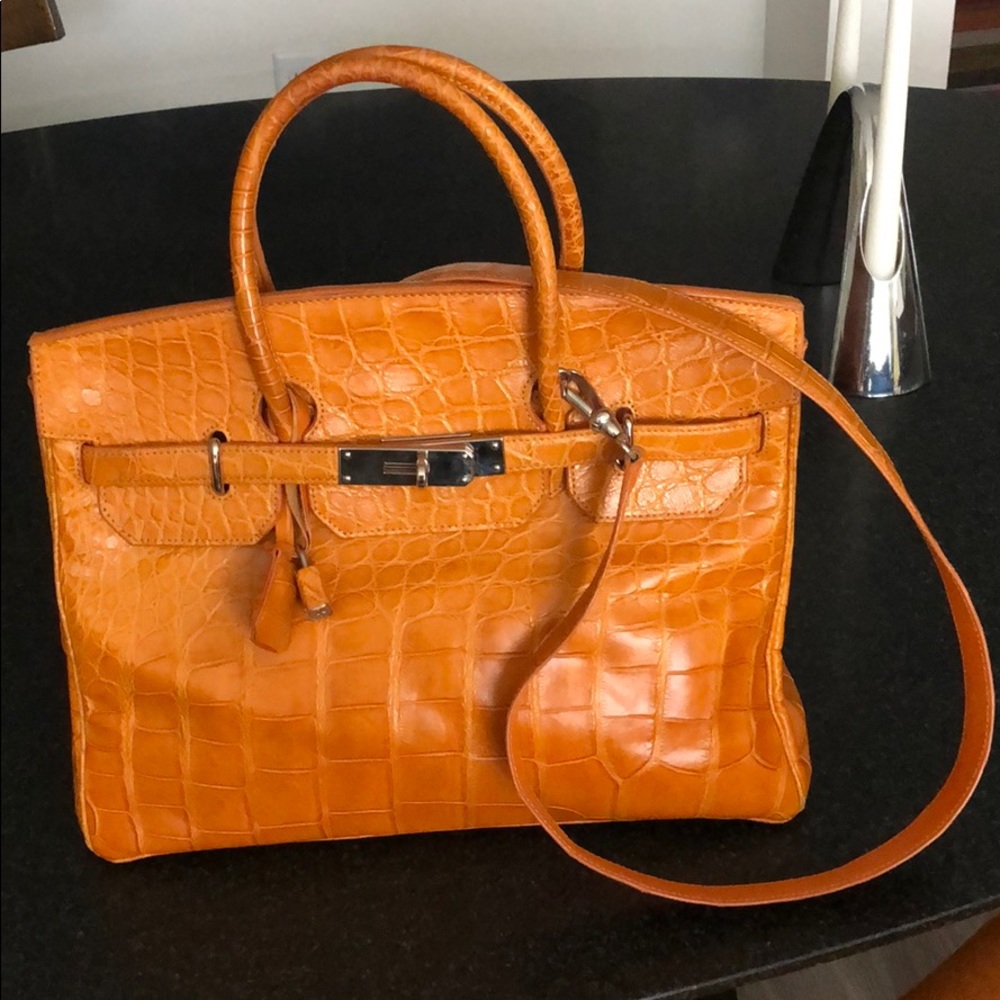Orange alligator Berkin style handbag